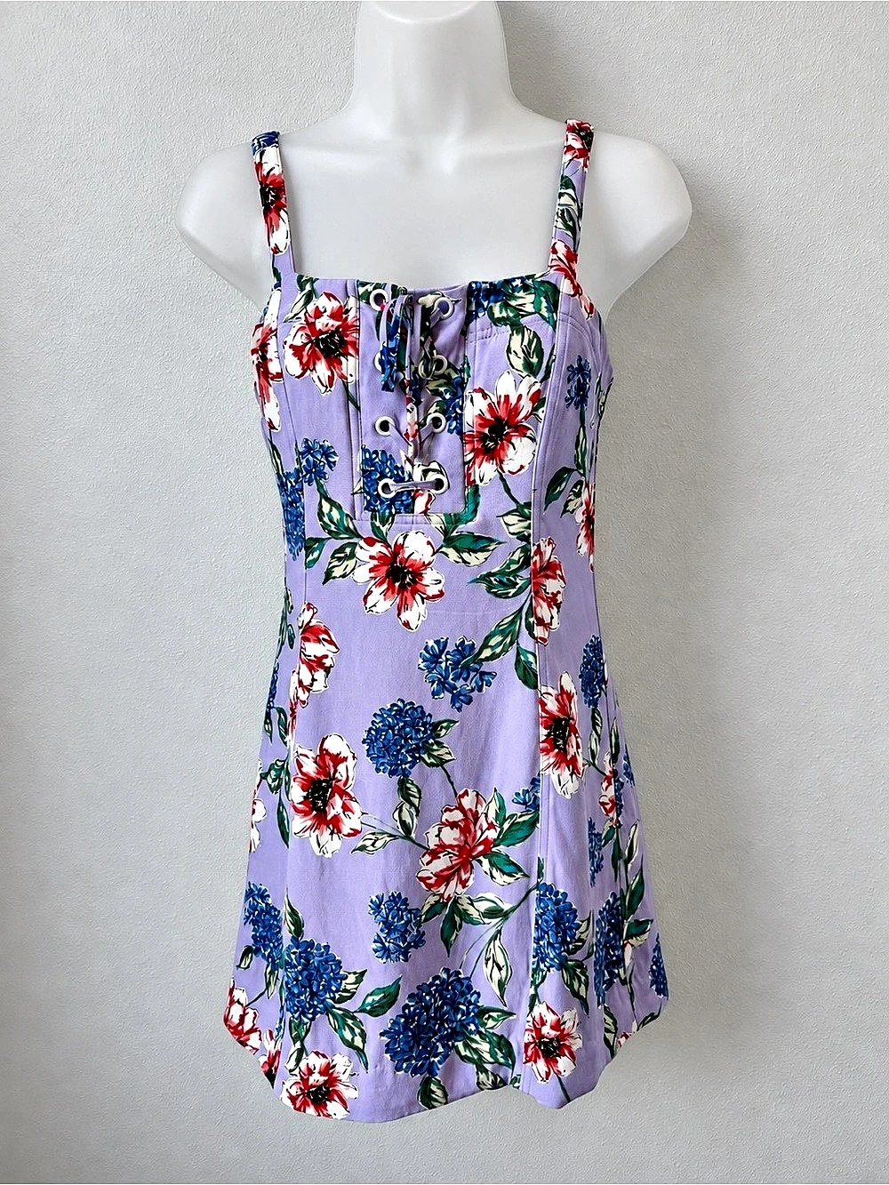 Parker Floral Lace Up Dress XS Lavender Mini Adjustable Straps